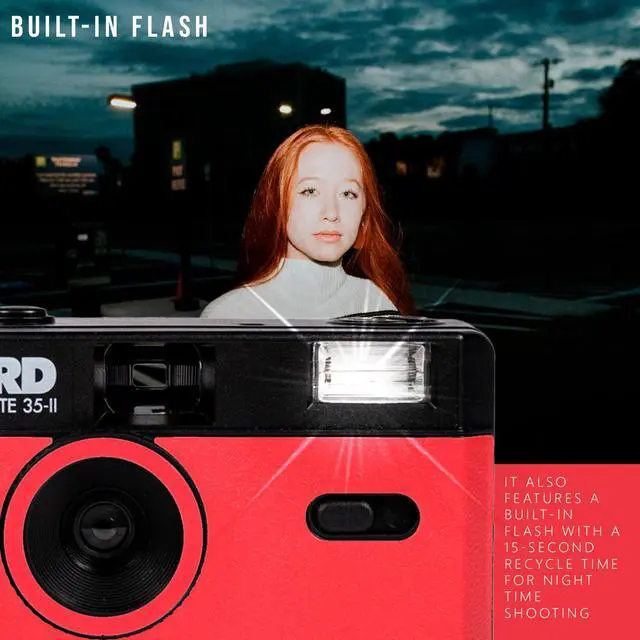 Alt view image 4 of 7 - Ilford Sprite 35 II 35mm Analog Film Camera Red Black with 3 Pack Film Bundle