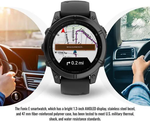 Alt view image 3 of 7 - Garmin fenix E 47mm AMOLED GPS Smartwatch (Slate Steel/Black) Bundle with Charging Stand and Screen Protector