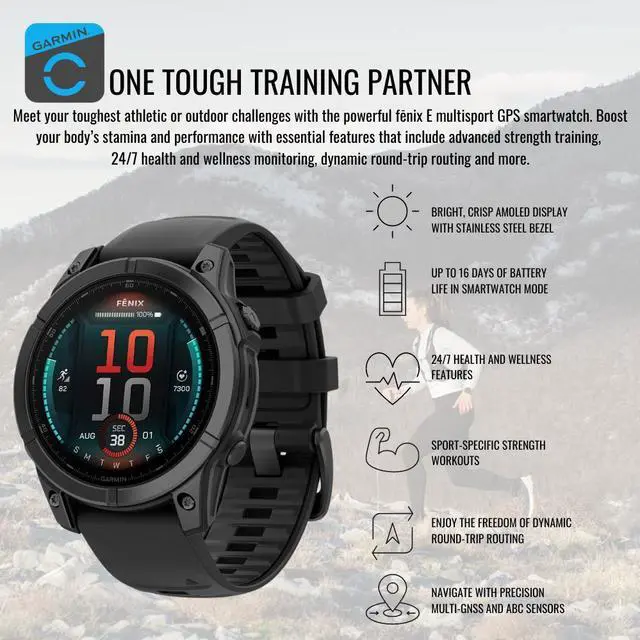 Alt view image 5 of 7 - Garmin fenix E 47mm AMOLED GPS Smartwatch (Slate Steel/Black) Bundle with Charging Stand and Screen Protector
