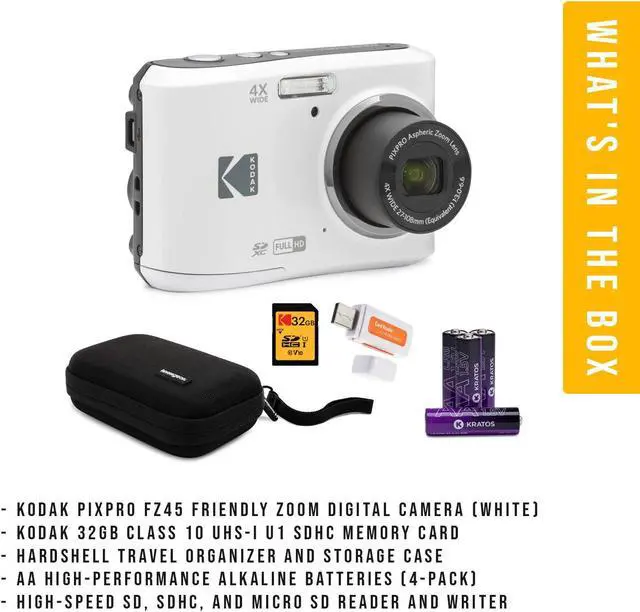 Alt view image 7 of 7 - Kodak PIXPRO FZ45 Friendly Zoom Digital White Camera with Memory Card Bundle