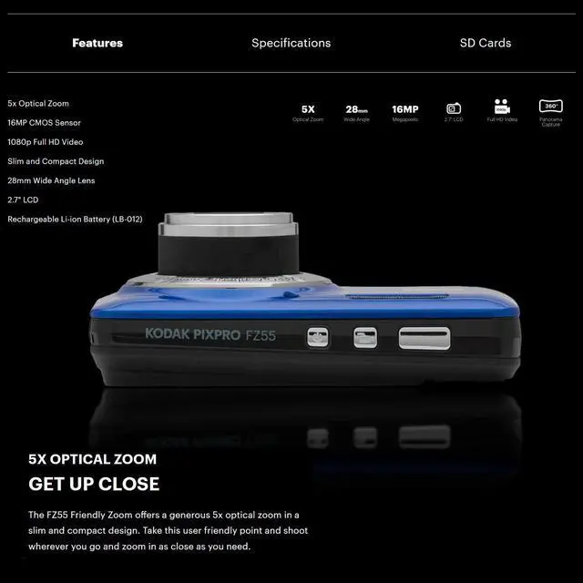 Alt view image 4 of 7 - Kodak PIXPRO Friendly Zoom FZ55 Blue Digital Camera with 32GB Memory Card Bundle