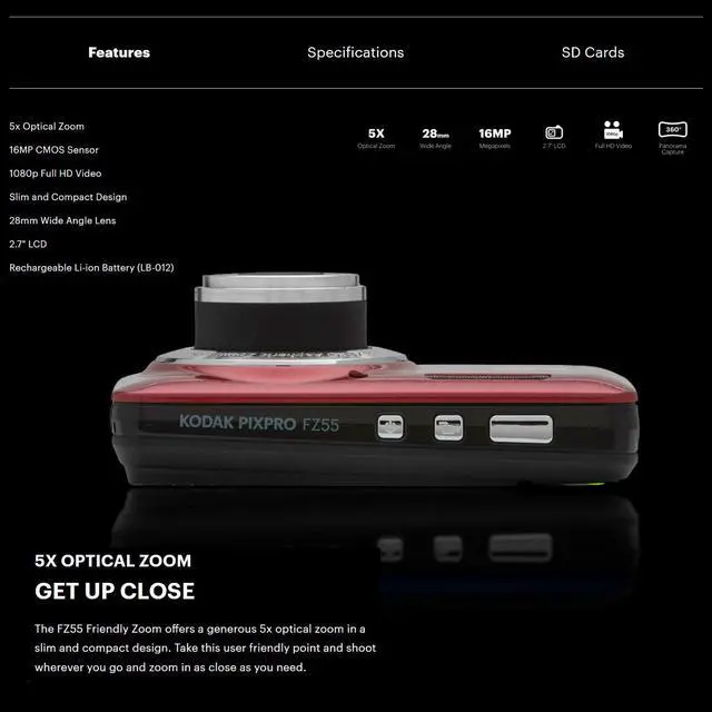 Alt view image 5 of 7 - Kodak PIXPRO Friendly Zoom FZ55 Red Digital Camera with Memory Card Bundle