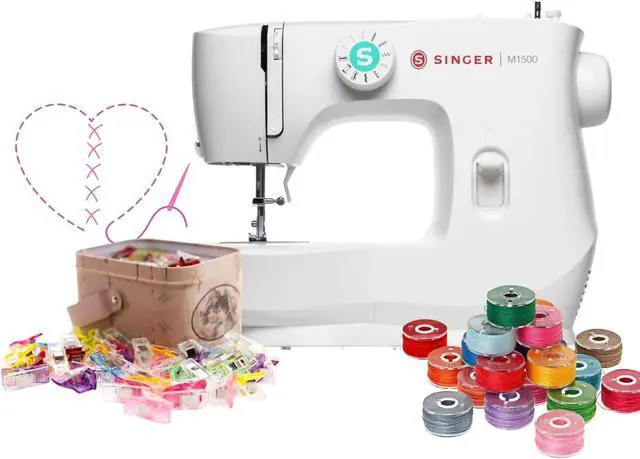 Main image of SINGER M1500 Mechanical Sewing Machine+Ilauke 36 Pieces Bobbins and Sewing Thread with Case+GDMINLO Multipurpose Sewing Clips for Quilting and Crafts with Tin Box(100-Pack)