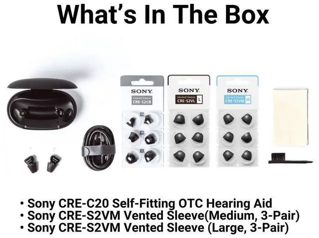 Alt view image 7 of 7 - Sony CRE C20 Self Fitting OTC Hearing Aids with 6 Pair Vented Sleeves Bundle