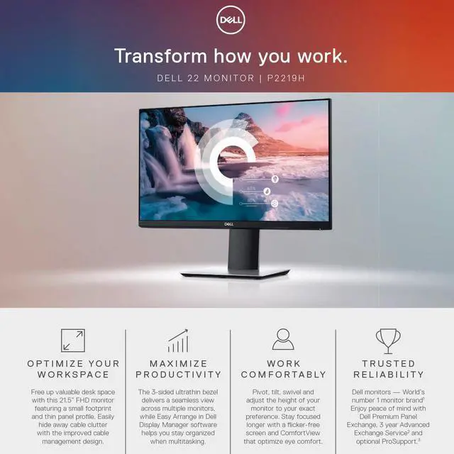 Alt view image 2 of 7 - Dell P2219H 21.5 FHD IPS Display Black and Silver Monitor Refurbished Bundle