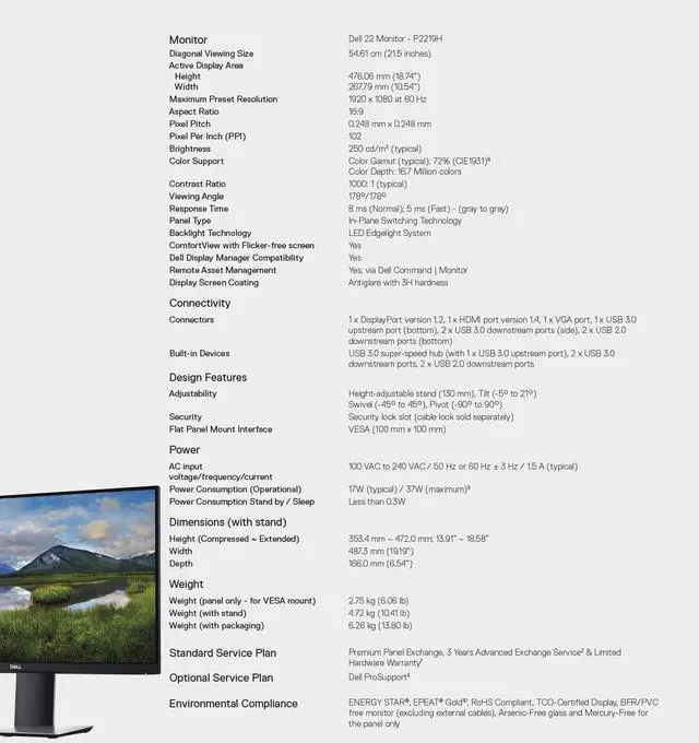 Alt view image 4 of 7 - Dell P2219H 21.5 FHD IPS Display Black and Silver Monitor Refurbished Bundle