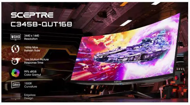 Alt view image 20 of 20 - Sceptre 34-Inch Curved Ultrawide WQHD Monitor 3440 x 1440 R1500 up to 165Hz DisplayPort x2 99% sRGB 1ms Picture by Picture, Machine Black 2023 (C345B-QUT168)
