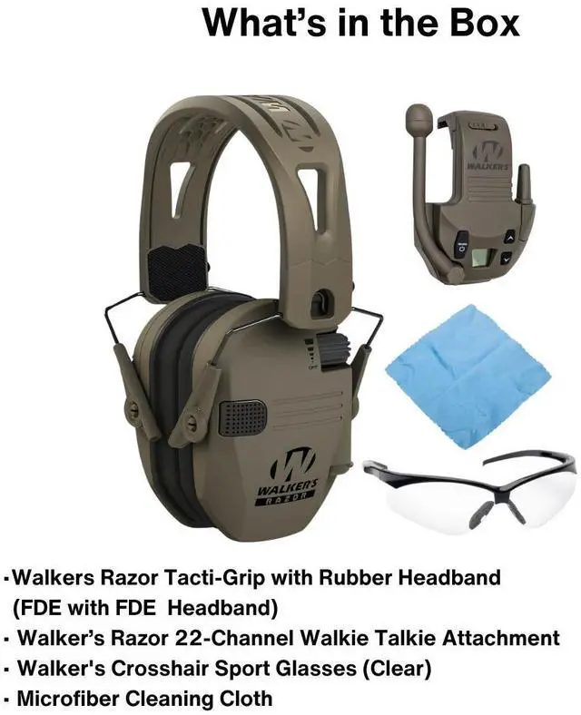 Alt view image 6 of 6 - Walkers Razor Tacti-Grip with FDE Rubber Headband (Flat Dark Earth) with Bluetooth Technology (FDE) Bundle with Walkie FDE Talkie and Glasses
