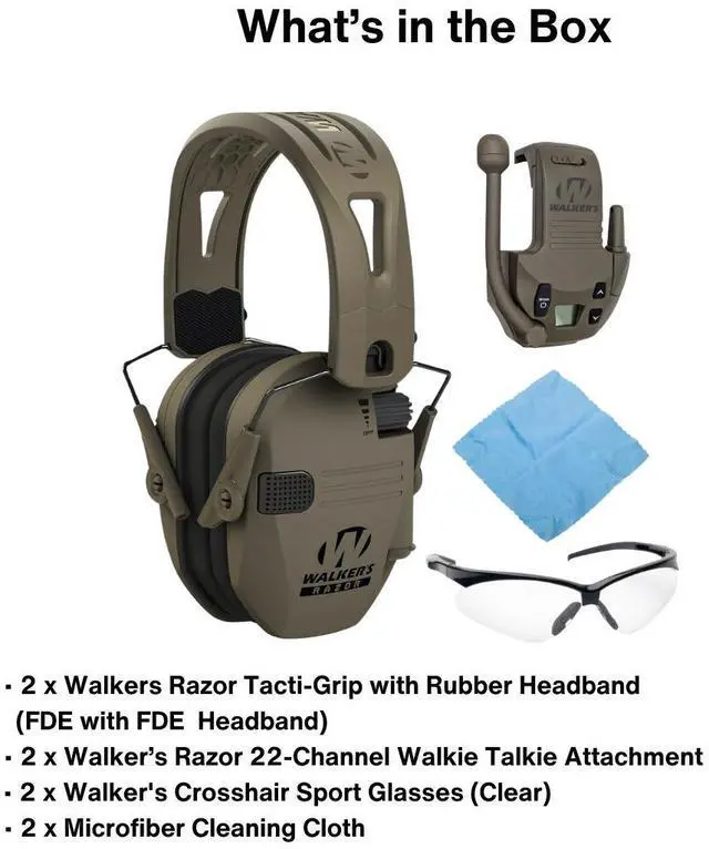 Alt view image 6 of 6 - Walkers Razor Tacti-Grip with FDE Rubber Headband (Flat Dark Earth)  Bundle with Walkie-Talkie Attachments FDE (2-Pack), Shooting Glasses (2-Pack) and Microfiber Cleaning Cloths (2-Pack) (8 Items)