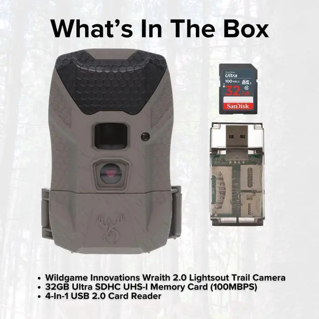 Alt view image 6 of 6 - Wildgame Innovations Wraith 2.0 Lightsout Trail Camera with 40 Infrared LEDs Bundle with 32GB Ultra SDHC UHS-I Memory Card and 4-In-1 USB Card Reader (3 Items)