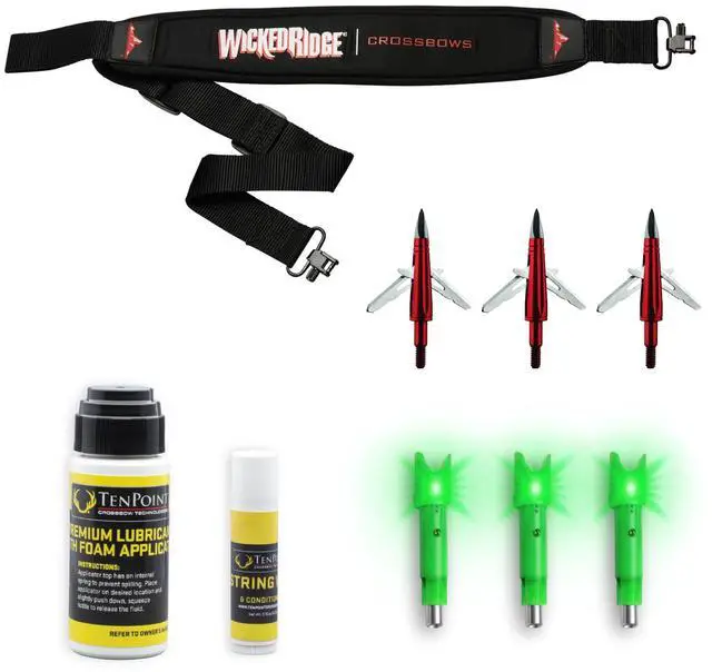 Alt view image 6 of 7 - TenPoint Wicked Ridge Ready-to-Hunt Accessory Package with Green LED Nocks, Broadhead Arrows, Crossbow Sling, and Conditioner