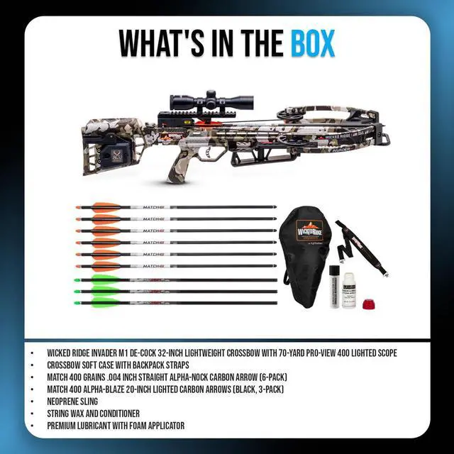 Alt view image 7 of 7 - Wicked Ridge Invader M1 De-Cock Crossbow with Scope Bundle with Soft Case, Alpha-Nock Carbon Arrow, Alpha-Blaze Lighted Carbon Arrows, Neoprene Sling, Conditioner, and Premium Lubricant (7 Items)