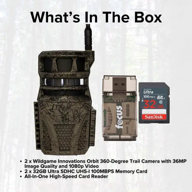 Alt view image 7 of 7 - Wildgame Innovations Orbit 360-Degree 36MP Trail Camera (2-Pack) Bundle with 32GB 100MBPS Memory Card (2-Pack) and Card Reader (5 Items)