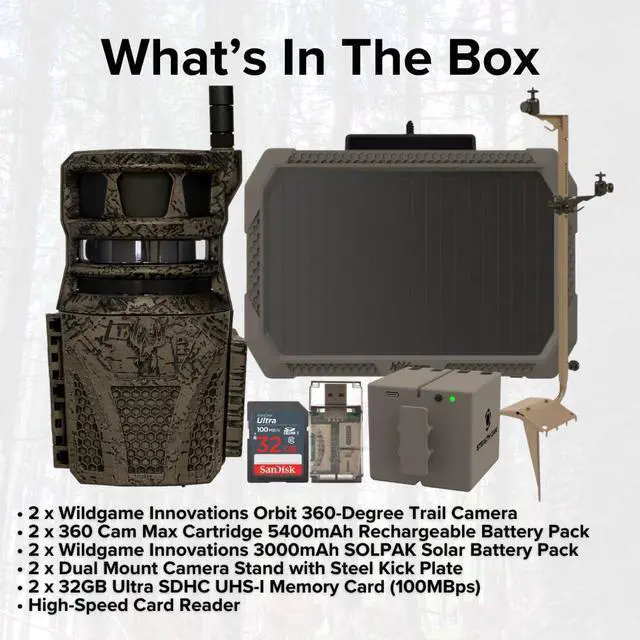 Alt view image 7 of 7 - Wildgame Innovations Orbit 360-Degree Trail Camera (2-Pack) Bundle with 2 x 5400mAh Battery, 2 x 3000mAh Battery, 2 x Camera Stand, 2 x 32GB Memory Card, and Card Reader (11 Items)