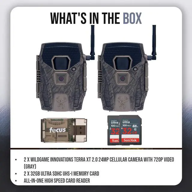 Alt view image 7 of 7 - Wildgame Innovations Terra XT 2.0 24MP Cellular Camera with 720p Video (Gray, 2-Pack) Bundle with 2 x 32GB Memory Card and Card Reader (5 Items)
