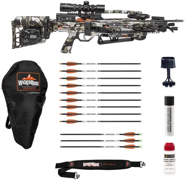 Alt view image 4 of 7 - Wicked Ridge Fury 410 De-Cock Ready-to-Hunt Bundle with 9 Match 400 Non-Lighted and 3 Match 400 Lighted Arrows, Soft Case, Neoprene Sling, Premium Lubricant, and String Conditioner (7 Items)