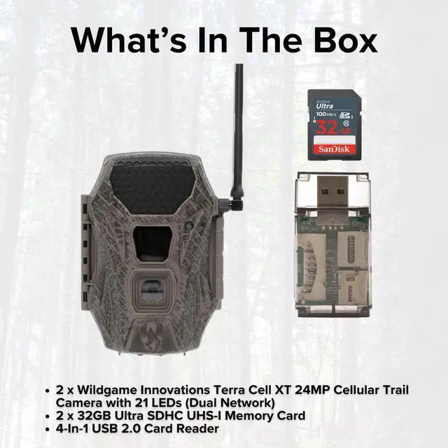 Alt view image 7 of 7 - Wildgame Innovations Terra Cell XT 24MP Cellular Trail Camera with 21 LEDs (Dual Network, 2-Pack) Bundle with 32GB SDHC UHS-I Memory Card (2-Pack) and 4-In-1 USB 2.0 Card Reader (5 Items)