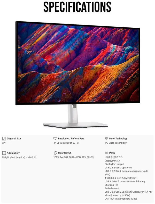 Alt view image 6 of 7 - Dell U2723QE UltraSharp 27 Inch 4K USB C Hub Monitor with HDMI Cable Bundle