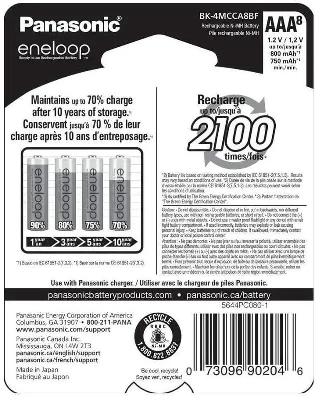 Alt view image 3 of 8 - Panasonic BK-4MCCA8BA eneloop AAA 2100 Cycle Ni-MH Pre-Charged Rechargeable Batteries, 8 Pack