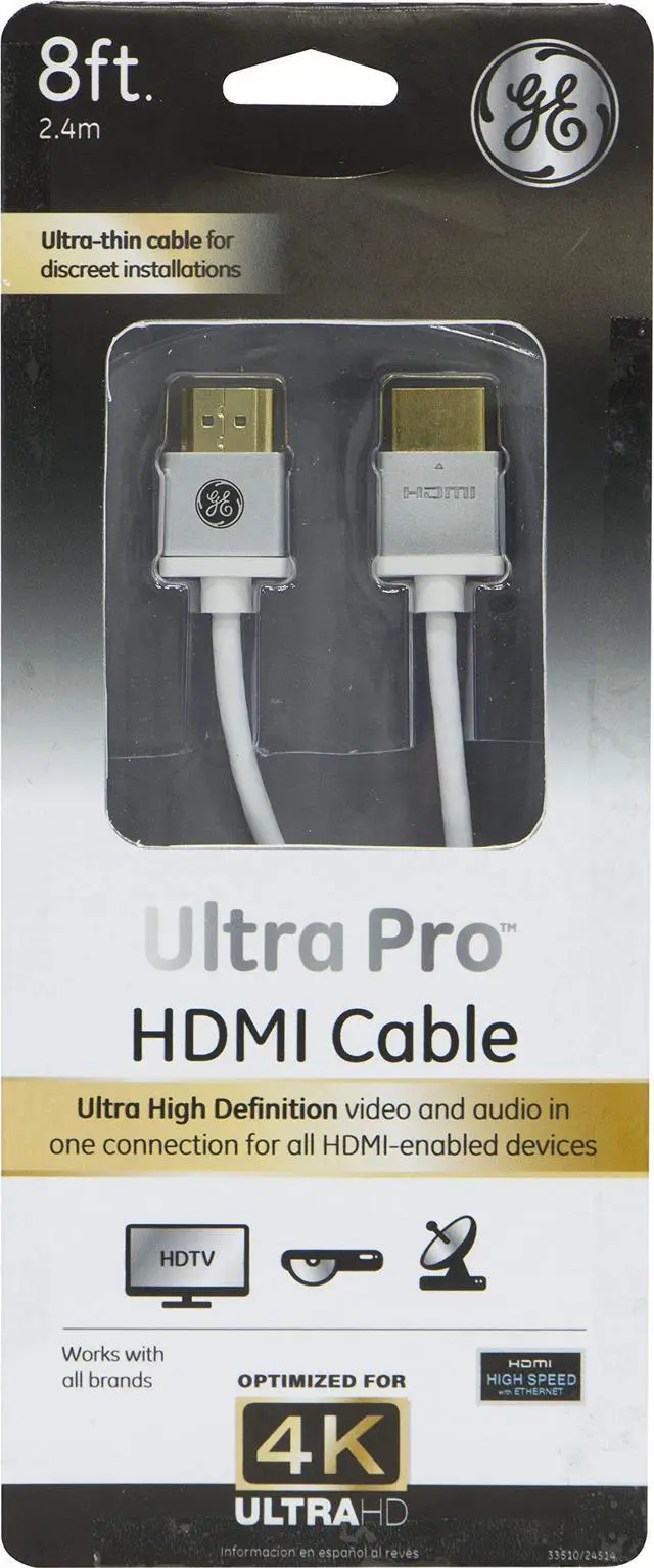 Alt view image 3 of 5 - GE UltraPro Premium 8-Feet 4K Ultra HD High-Speed Data Transfer Flexible Thin Ethernet HDMI Cable for Discreet Installations (Silver)