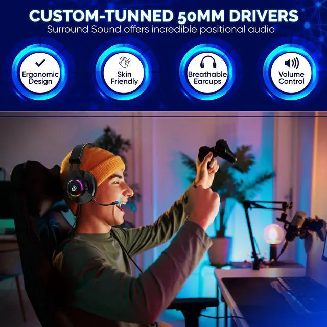 Alt view image 10 of 14 - HP Wired Over Ear Gaming Headset with Noise Cancelling Microphone  with LED Lights for Xbox One Controller, PS4, PC, Laptop, Nintendo Switch (H360)