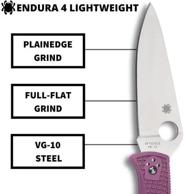 Alt view image 6 of 8 - Spyderco Endura 4 Lightweight Signature Folder Knife with 3.80" VG-10 Steel Blade and Purple FRN Handle - PlainEdge - C10FPPR