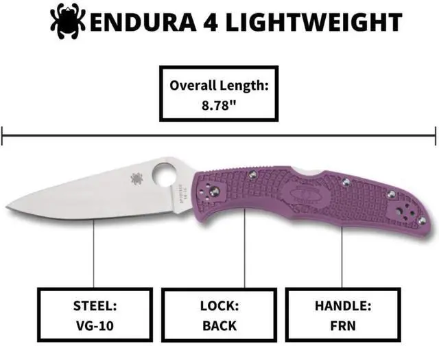 Alt view image 5 of 8 - Spyderco Endura 4 Lightweight Signature Folder Knife with 3.80" VG-10 Steel Blade and Purple FRN Handle - PlainEdge - C10FPPR