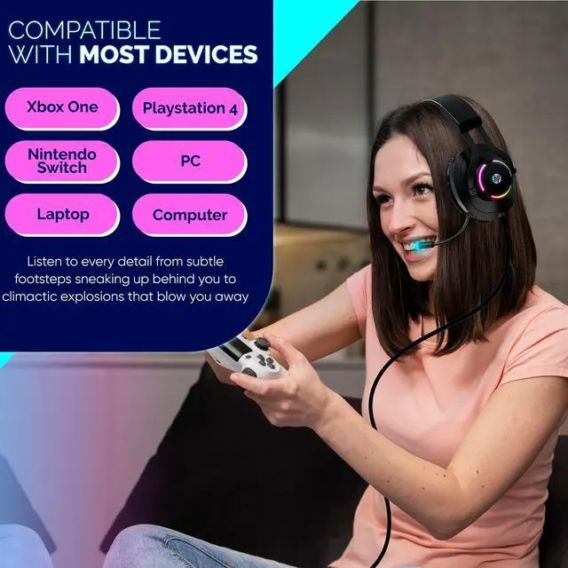 Alt view image 14 of 14 - HP Wired Over Ear Gaming Headset with Noise Cancelling Microphone  with LED Lights for Xbox One Controller, PS4, PC, Laptop, Nintendo Switch (H360)