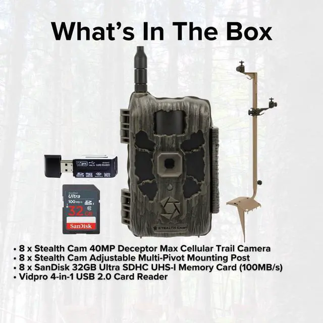 Alt view image 6 of 7 - Stealth Cam 40MP Deceptor Max Cellular Trail Camera with 0.4-Second Trigger Speed (2-Pack) x 4 Bundle with Adjustable Mounting Post (8-Pack), Card Reader, and 32GB Memory Card (8-Pack) (21 Items)