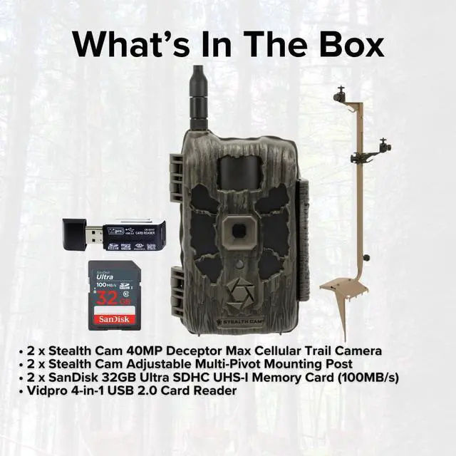 Alt view image 7 of 7 - Stealth Cam 40MP Deceptor Max Cellular Trail Camera with 0.4-Second Trigger Speed (2-Pack) Bundle with Adjustable Mounting Post (2-Pack), Card Reader, and 32GB Memory Card (2-Pack) (6 Items)
