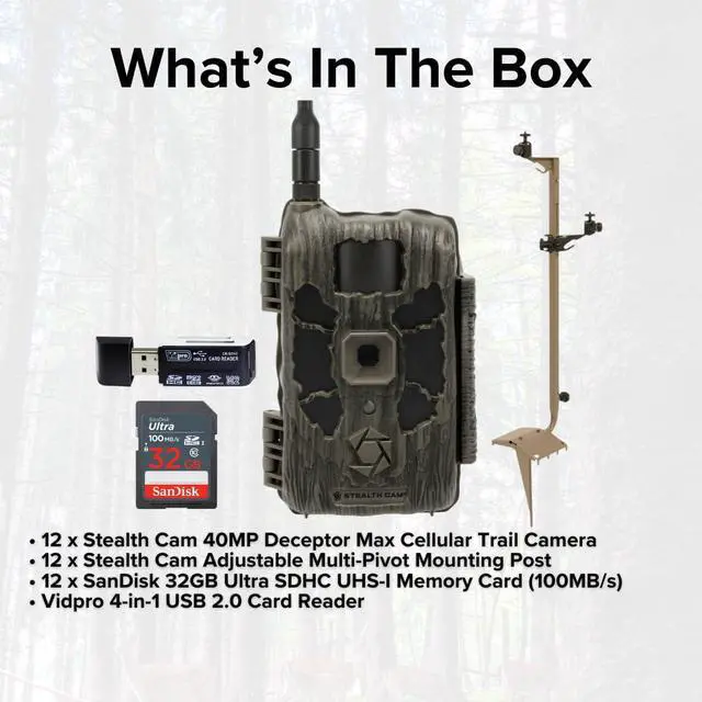 Alt view image 6 of 7 - Stealth Cam 40MP Deceptor Max Cellular Trail Camera with 0.4-Second Trigger Speed (2-Pack) x 6 Bundle with Adjustable Mounting Post (12-Pack), Card Reader, and 32GB Memory Card (12-Pack) (31 Items)