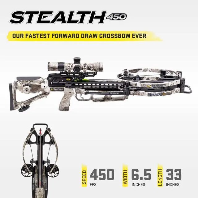 Alt view image 2 of 7 - TenPoint Stealth S1 Trigger 450 FPS Crossbow Package ACUslide Evo-X Elite Camo Scope with Advanced Roller-Sear System (Veil Alpine)