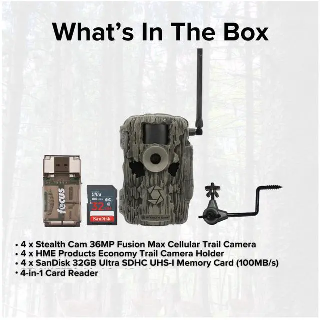 Alt view image 6 of 7 - Stealth Cam 36MP Fusion Max Cellular Trail Camera (2-Pack) x 2 Bundle with Economy Trail Camera Holder (4-Pack), 4-In-1 Card Reader, and 32GB Ultra SDHC UHS-I Memory Card (4-Pack) (11 Items)
