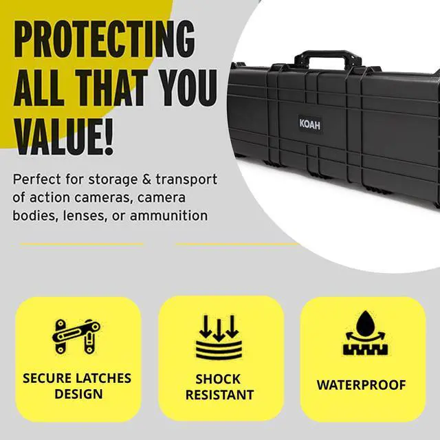Alt view image 2 of 7 - Koah 44" Inch Weatherproof Protective Roller Rifle Hard Case with Customizable Foam, Pressure Valve, and Lock Fittings (Black)