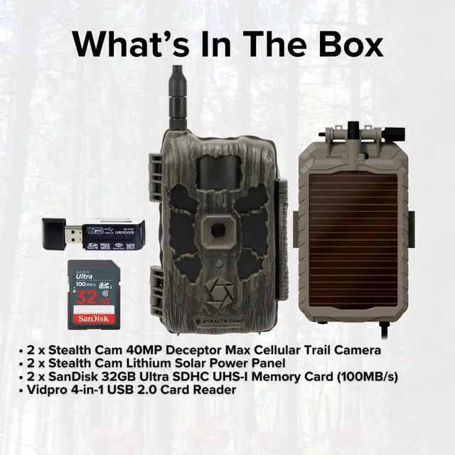 Alt view image 6 of 7 - Stealth Cam 40MP Deceptor Max Cellular Trail Camera with 0.4-Second Trigger Speed (2-Pack) Bundle with Lithium Solar Power Panel (2-Pack), 4-in-1 Card Reader, and 32GB Memory Card (2-Pack) (6 Items)