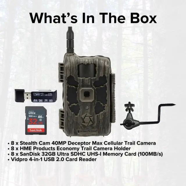 Alt view image 6 of 7 - Stealth Cam 40MP Deceptor Max Cellular Trail Camera (2-Pack) x 4 Bundle with Economy Trail Camera Holder (8-Pack), 4-in-1 Card Reader, and 32GB Memory Card (8-Pack) (21 Items)