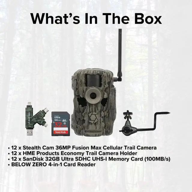 Alt view image 6 of 7 - Stealth Cam 36MP Fusion Max Cellular Trail Camera (2-Pack) x 6 Bundle with Economy Trail Camera Holder (12-Pack), 4-In-1 Card Reader, and 32GB Ultra SDHC UHS-I Memory Card (12-Pack) (31 Items)