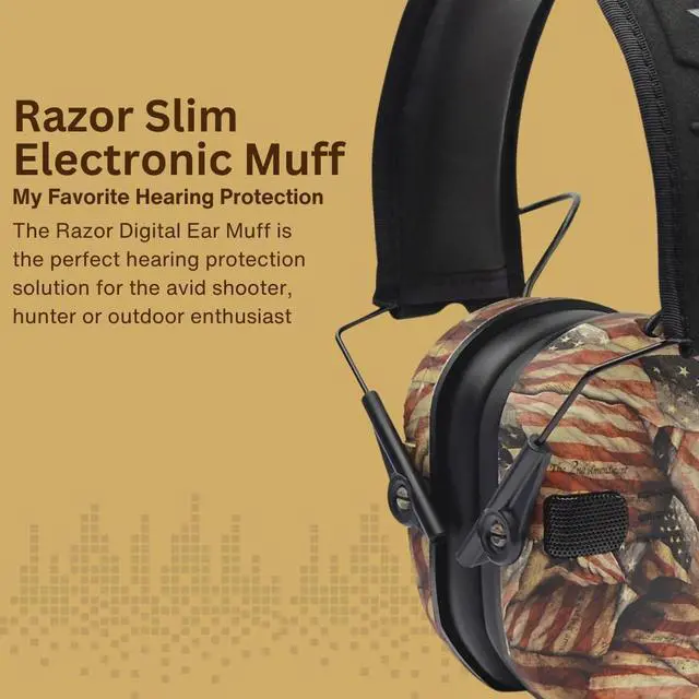 Alt view image 3 of 7 - Walker's Razor Slim Electronic Shooting Muff (American Flag) Bundle with Walkie-Talkie Attachment, Gel Ear Pad, Shooting Glasses, and Microfiber Cleaning Cloth (5 Items)