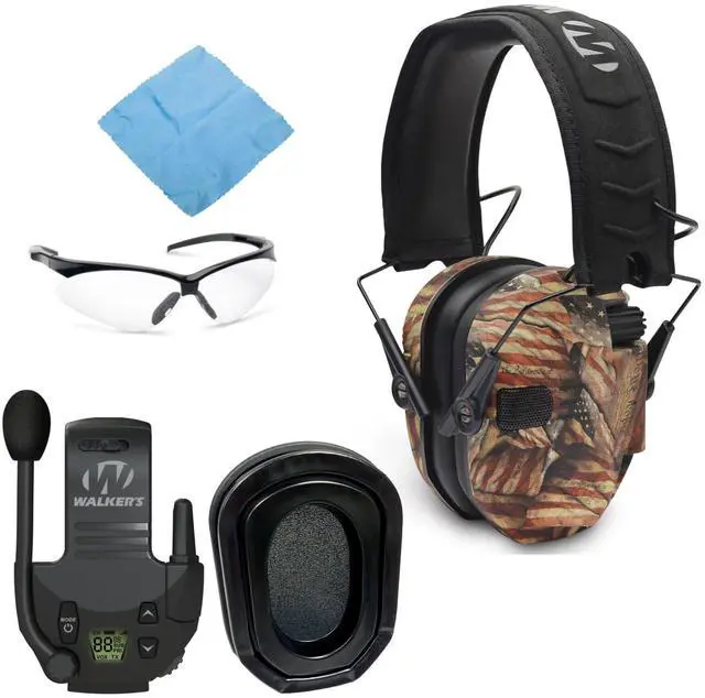 Main image of Walker's Razor Slim Electronic Shooting Muff (American Flag) Bundle with Walkie-Talkie Attachment, Gel Ear Pad, Shooting Glasses, and Microfiber Cleaning Cloth (5 Items)