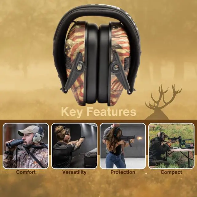 Alt view image 2 of 7 - Walker's Razor Slim Electronic Shooting Muff (American Flag) Bundle with Walkie-Talkie Attachment, Gel Ear Pad, Shooting Glasses, and Microfiber Cleaning Cloth (5 Items)