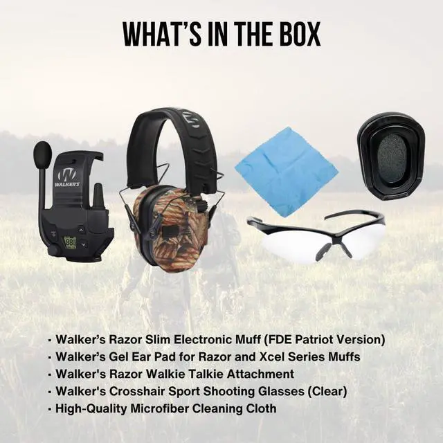Alt view image 7 of 7 - Walker's Razor Slim Electronic Shooting Muff (American Flag) Bundle with Walkie-Talkie Attachment, Gel Ear Pad, Shooting Glasses, and Microfiber Cleaning Cloth (5 Items)