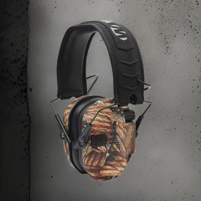 Alt view image 6 of 7 - Walker's Razor Slim Electronic Shooting Muff (American Flag) Bundle with Walkie-Talkie Attachment, Gel Ear Pad, Shooting Glasses, and Microfiber Cleaning Cloth (5 Items)