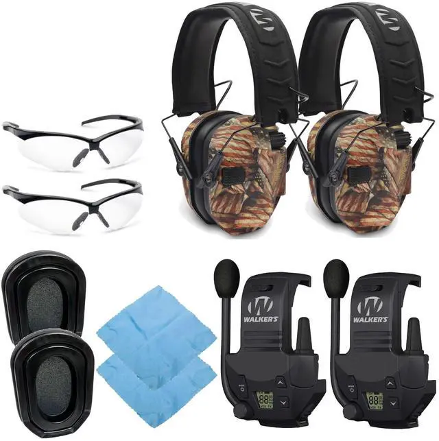 Main image of Walker's Razor Slim Electronic Shooting Muff (American Flag, 2-Pack) Bundle with 2 x Walkie-Talkie Attachment, 2 x Gel Ear Pad, 2 x Shooting Glasses, and 2 x Microfiber Cleaning Cloth (10 Items)