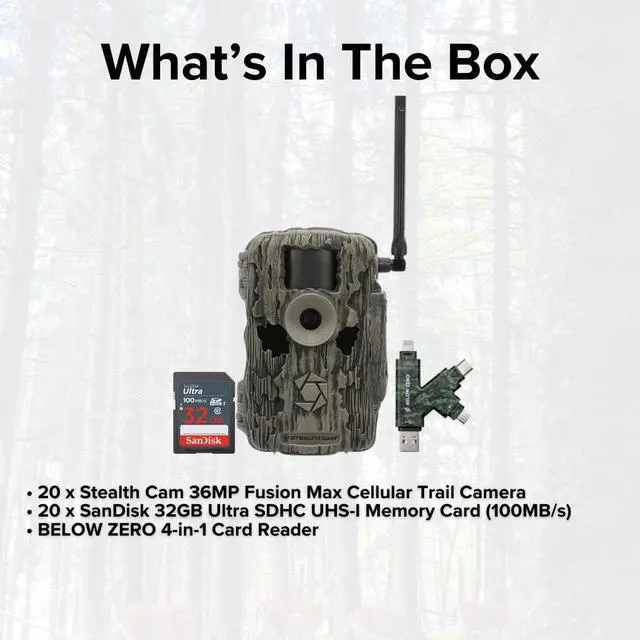 Alt view image 6 of 7 - Stealth Cam 36MP Fusion Max Cellular Trail Camera with 80-Feet Detection Range (2-Pack) x 10 Bundle with 4-In-1 Card Reader and 32GB Ultra SDHC UHS-I Memory Card (20-Pack) (31 Items)