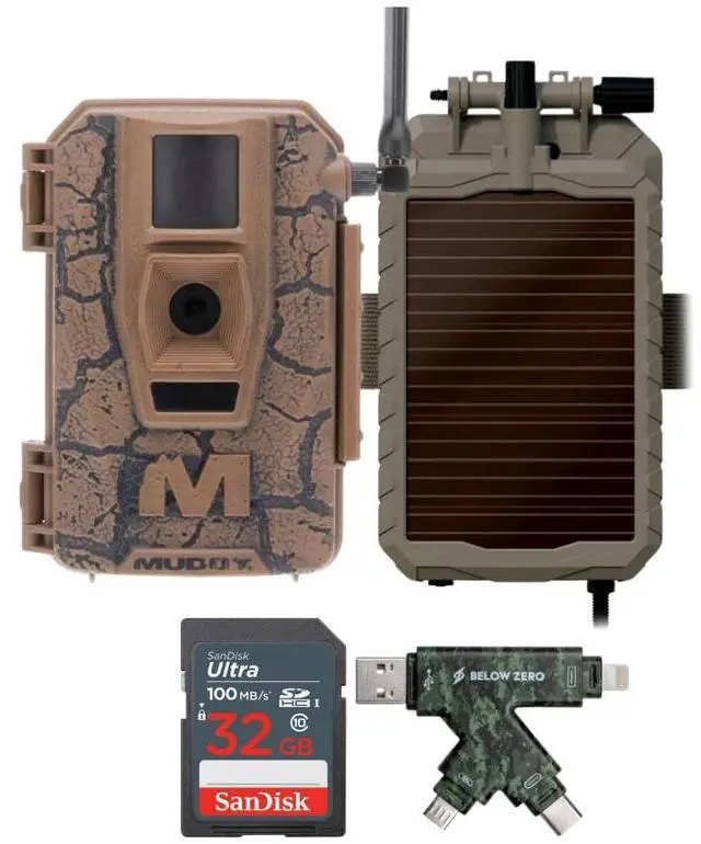 Main image of Muddy Mitigator Cellular 24MP Imaging Trail Camera Bundle with 5000mAh Lithium-Ion Solar Battery, 32GB Memory Card, and Card Reader (4 Items)