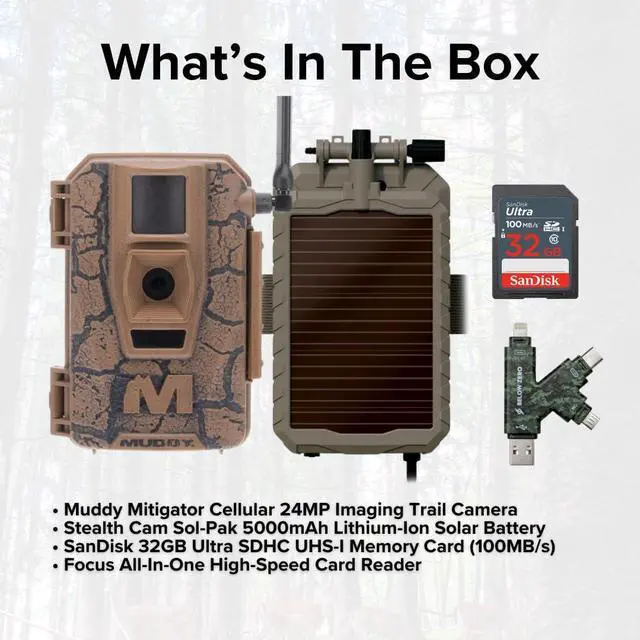 Alt view image 7 of 7 - Muddy Mitigator Cellular 24MP Imaging Trail Camera Bundle with 5000mAh Lithium-Ion Solar Battery, 32GB Memory Card, and Card Reader (4 Items)