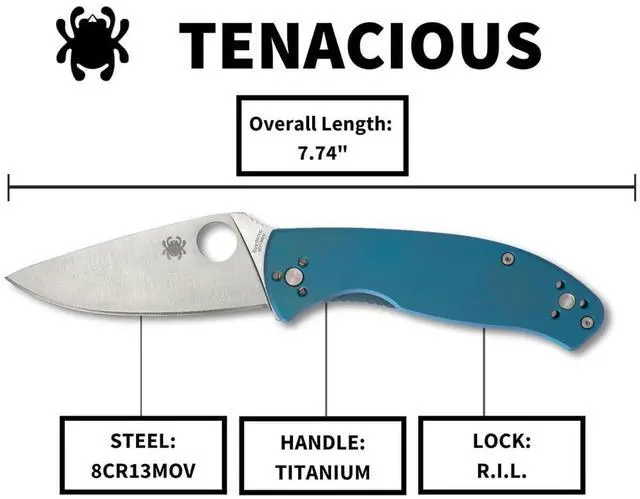 Alt view image 4 of 7 - Spyderco Tenacious PlainEdge Folding Pocket Knife with 3.35-Inch 8Cr13MoV Blade, Reeve Integral Lock, and Blue Titanium Handle