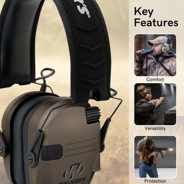 Alt view image 2 of 7 - Walker's Razor Slim Electronic Earmuffs (Flat Dark Earth, 2-Pack) Bundle with 2 x Walkie Talkie Attachment, 2 x Ear Pad (Black), 2 x Glasses (Clear), and 2 x Cleaning Cloth (10 Items)