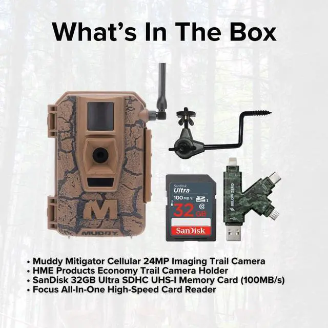 Alt view image 6 of 6 - Muddy Mitigator Cellular 24MP Imaging Trail Camera Bundle with Trail Camera Holder, SDHC UHS-I Memory Card, and High Speed Card Reader (4 Items)