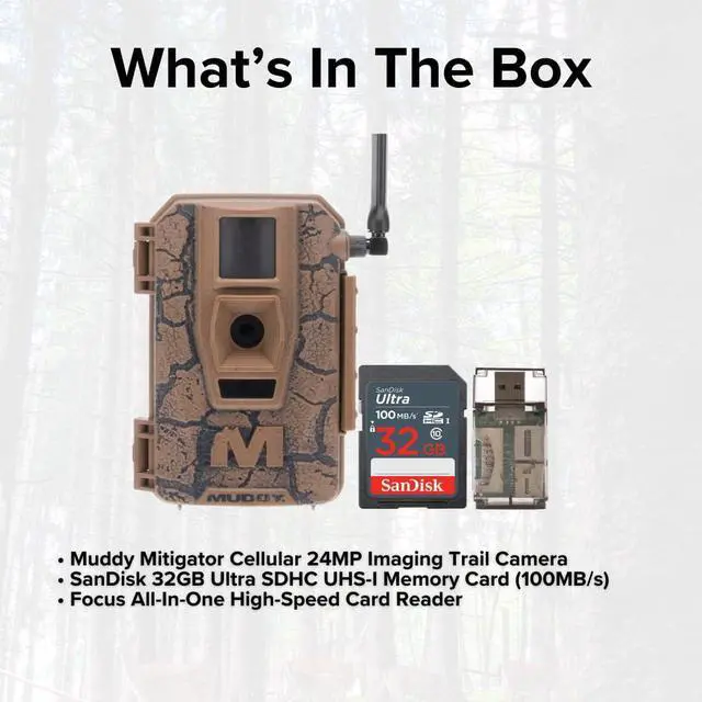 Alt view image 7 of 7 - Muddy Mitigator Cellular 24MP Imaging Trail Camera with 80 Feet Detection and Flash Range Bundle with 32GB Ultra SDHC UHS-I Memory Card and Focus High Speed Card Reader (3 Items)